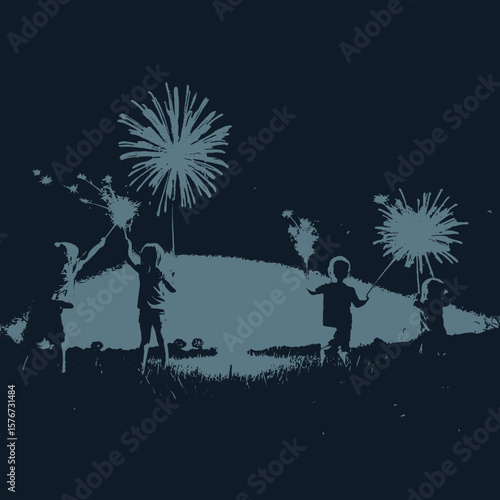 Children celebrating with sparklers and fireworks celebration