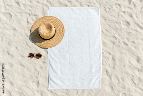 Beach towel mockup with hat and sunglasses on sand summer vacation travel background for product display