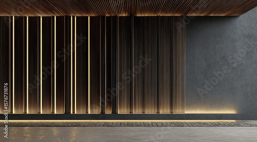 Minimalist architectural rendering featuring a sleek, modern design with a dark gray concrete wall, wood slat paneling illuminated by warm LED strip lighting, and a polished concrete floor