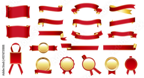 Elegant Red and Gold Ribbon and Badge Set – Vector Decorative Elements for Awards and Celebrations
