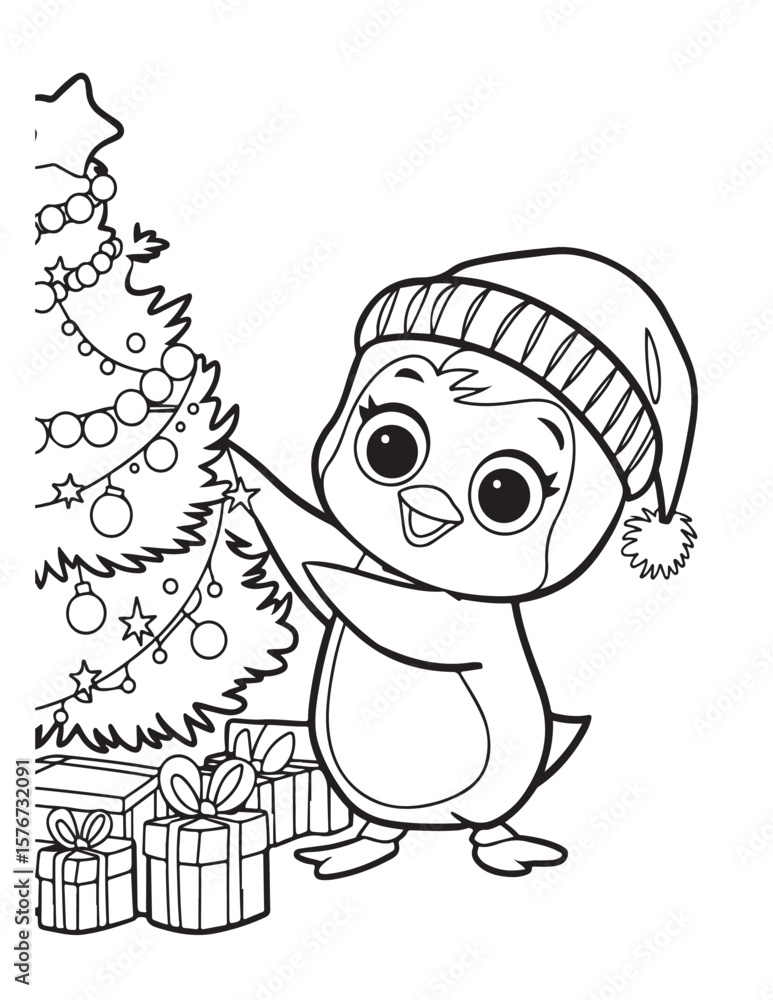 Obraz premium Cute kawaii Christmas Coloring Pages For Kids, Christmas illustration, Vectors line art, printable coloring pages, Christmas elements, winter, Christmas holiday