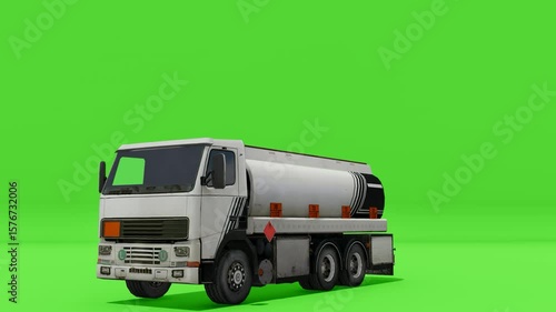 A large tanker truck on a green screen. Ideal for keying, usable for industrial, transport, and hazardous material projects. Suitable for advertising or training.