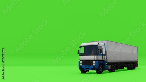 A large semi-truck with a trailer on a vibrant green screen background. Ideal for compositing and easy keying, usable for logistics, transport, advertising, or virtual environment projects.