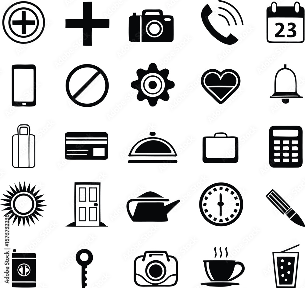 Fototapeta premium A collection of black and white icons representing various common objects and concepts including a plus sign camera phone and calendar isolated on transparent background