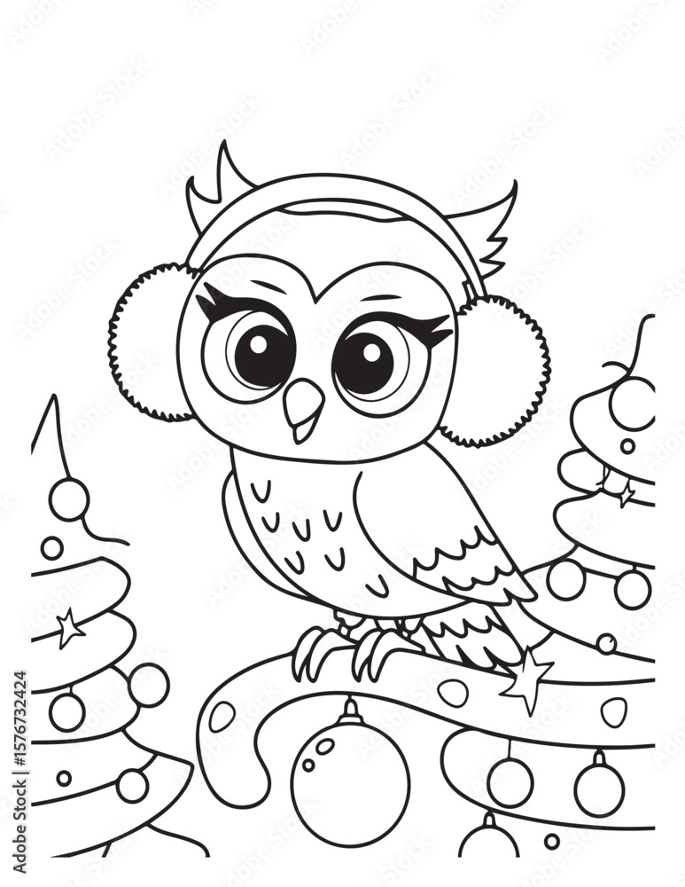 Fototapeta premium Cute kawaii Christmas Coloring Pages For Kids, Christmas illustration, Vectors line art, printable coloring pages, Christmas elements, winter, Christmas holiday