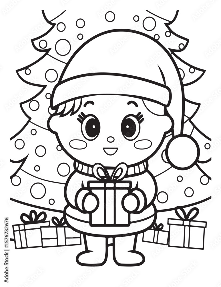 Obraz premium Cute kawaii Christmas Coloring Pages For Kids, Christmas illustration, Vectors line art, printable coloring pages, Christmas elements, winter, Christmas holiday