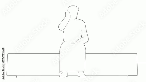 A minimalist line art illustration of a person sitting and talking on a phone, presented on a plain white background. Usable for business communication concepts, graphic design, or educational
