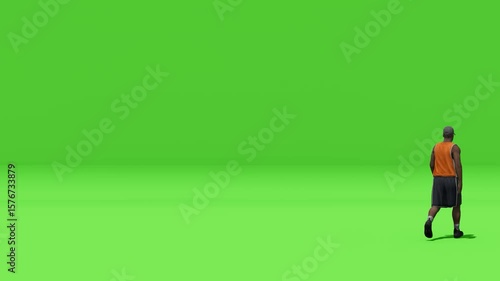 A man in athletic wear walks away on a vibrant green screen. This versatile asset is ideal for easy keying, suitable for fitness, lifestyle, and advertising projects.
