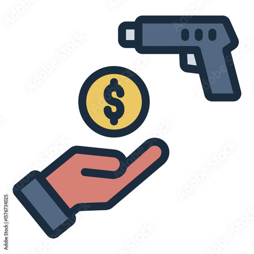 gun money filled line icon showing threat and extortion corruption filled line icon