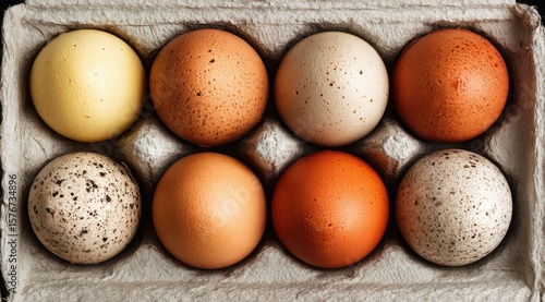 Top-down view of eight diversely colored eggs nestled in a cardboard carton.  The eggs exhibit variations in shades of brown, tan, and speckled patterns