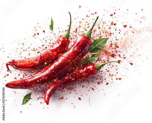 Vibrant red chili peppers, glistening with moisture, are artfully arranged against a stark white backdrop.  Crushed red pepper flakes burst outwards, creating a dynamic, spicy visual