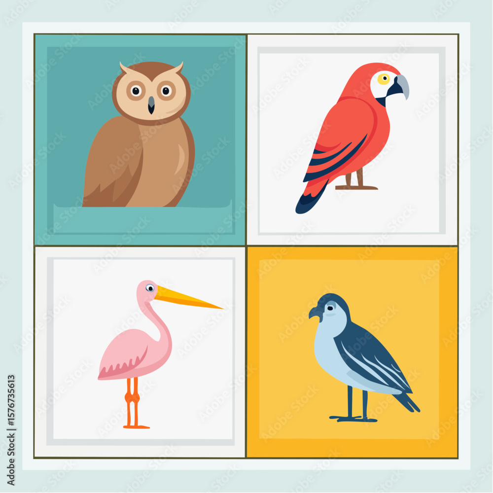 Naklejka premium Collection of four birds including an owl, parrot, heron, and sparrow