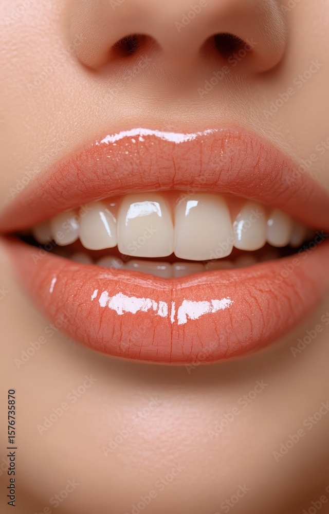 Fototapeta premium Close-Up of Glossy Lips and Smooth Skin with Natural Makeup