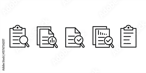 Audit review icon collection. Audit document, risk overview, verification, results, marketing analysis, business data report. Vector illustration.