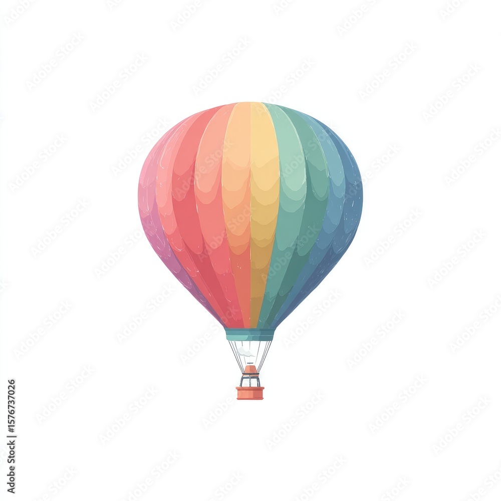 Naklejka premium A vibrant, rainbow-hued hot air balloon floats against a stark white backdrop, its pastel colors creating a cheerful, whimsical feel