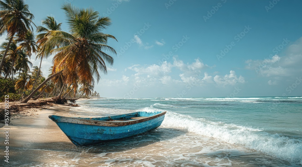 Fototapeta premium A weathered blue boat rests on a pristine sandy beach, nestled beneath the shade of leaning palm trees against a backdrop of a vibrant turquoise ocean and a clear sky