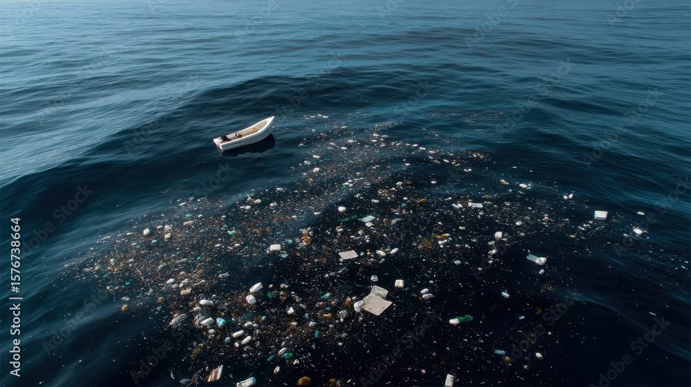 Obraz premium Ocean pollution and plastic debris floating in open sea