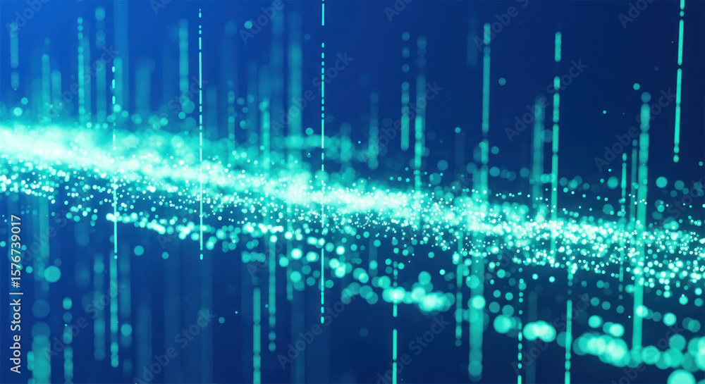 Fototapeta premium Digital data stream with bright blue particles and vertical lines, modern technology background, futuristic digital concept, high-tech, abstract