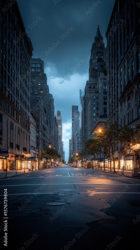 Naklejka premium Urban cityscape du early evening with tall skyscrapers illuminated storefronts and empty street with few cars and trees