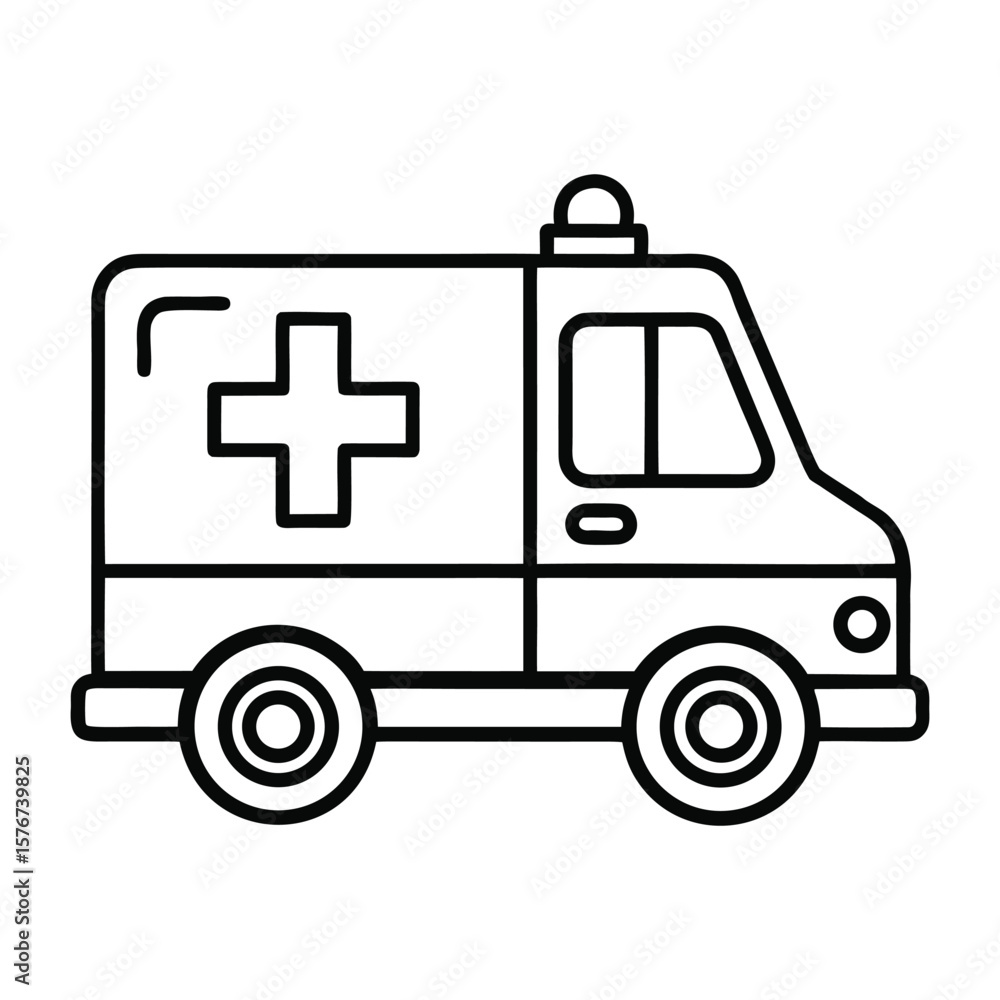 A flat black and white line icon of an ambulance with a plus symbol A flat black and white line icon of an ambulance with a plus symbol