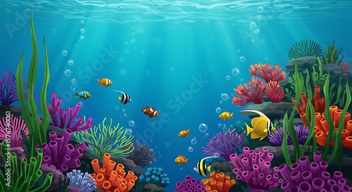 Vibrant Underwater World Illustration of Fish, Coral Reefs, and Marine Life in a Tranquil Ocean Scene