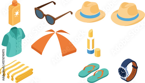 Isometric beach essentials including sunscreen and beach umbrella items