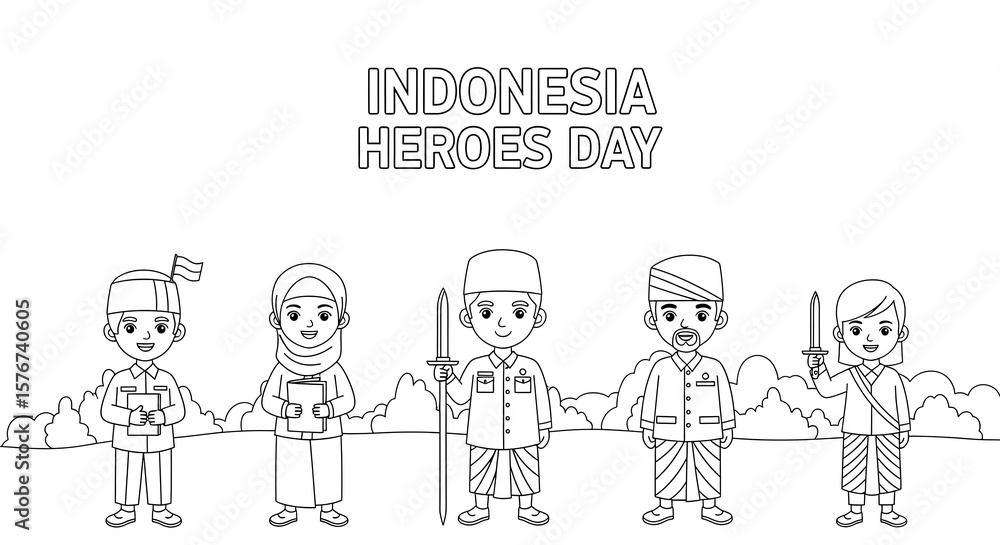 Obraz premium Indonesian heroes day cartoon characters with traditional clothing isolated on transparent background