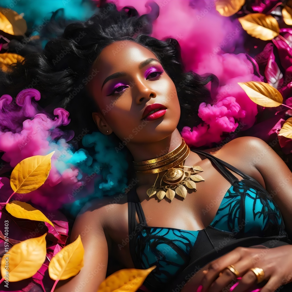 Black Woman Lying Down in Colorful Mist and Autumn Leaves Black Woman Lying Down in Colorful Mist and Autumn Leaves
