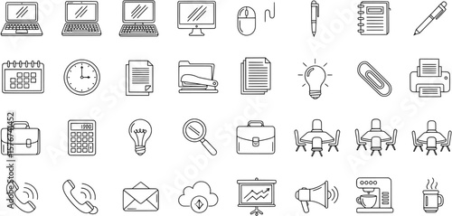 A set of simple, hand-drawn doodle icons representing business, communication, and office work.