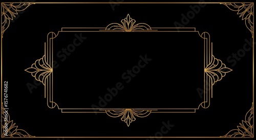 Elegant Art Deco Frame for Invitations and Creative Designs, Gold on Black Backdrop, with Vintage Border Ornament