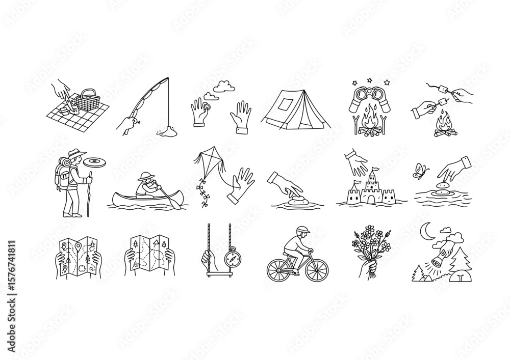 Fototapeta premium A collection of doodle illustrations showing various summer and beach vacation activities.