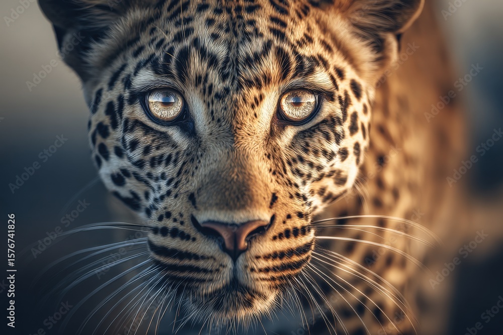 Naklejka premium Close-up of a majestic leopard with piercing blue eyes showcasing detailed fur patterns and intense gaze in natural lighting