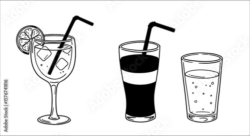 Assorted black and white outline vector art of refreshing beverages: a cocktail with ice and lemon, a layered drink with a straw, and sparkling water in glasses.