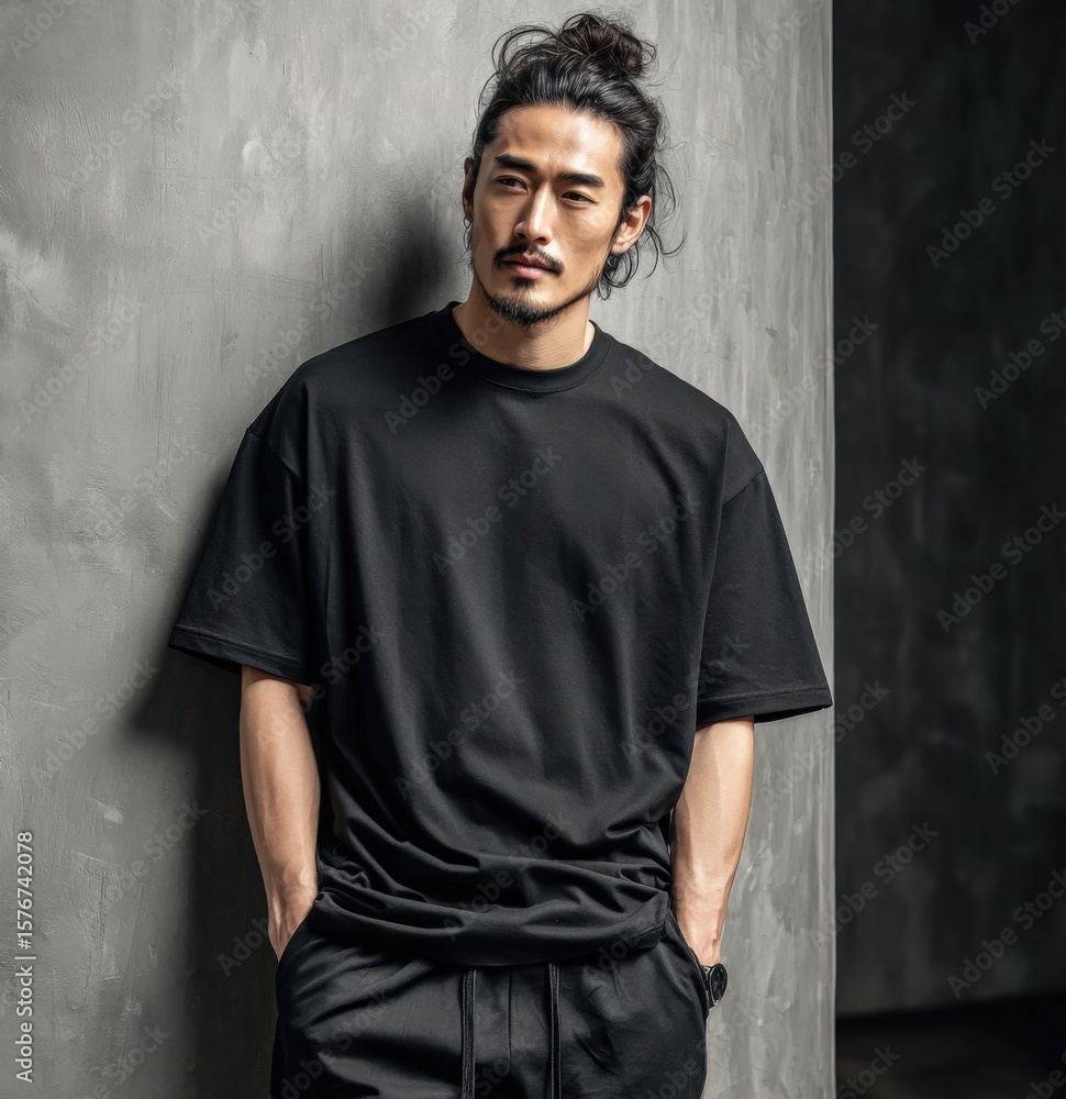 Obraz premium Stylish young man with long hair tied up in a bun wea a casual oversized black t-shirt and relaxed pants posing against textured gray wall in modern urban setting