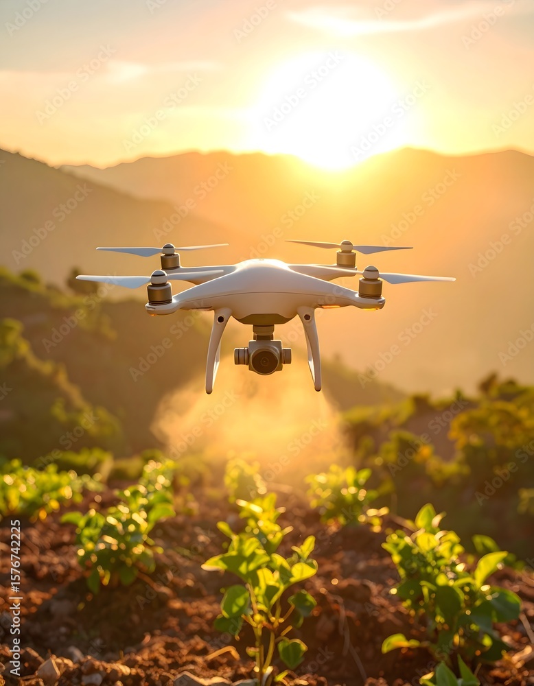 Fototapeta premium Drone Flying Over Farm at Sunset