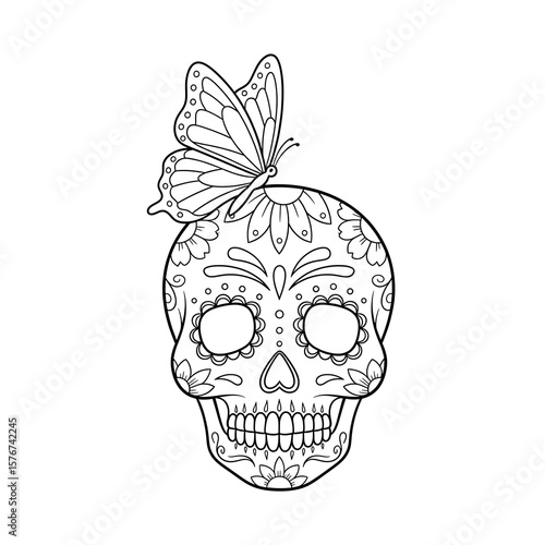 Ornate sugar skull with butterfly decoration isolated on transparent background