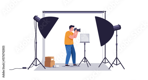 Photographer in Studio: Professional Photo Shoot Setup with Lighting and Backdrop.