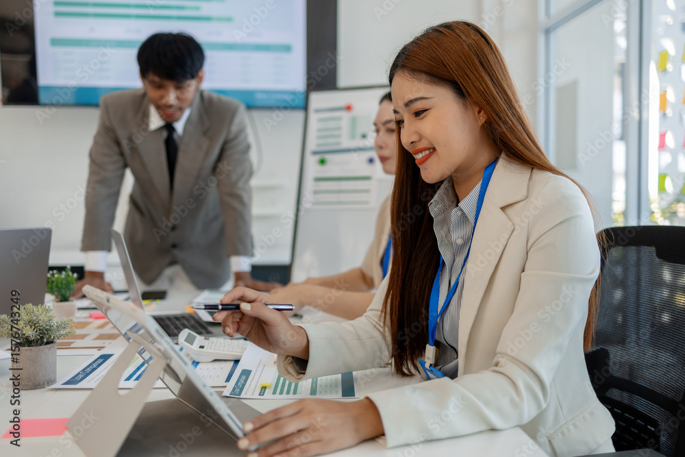 Fototapeta premium the atmosphere of working together between the marketing and accounting departments, business people meet together to find solutions to the company's problems, finance, financial, businessman