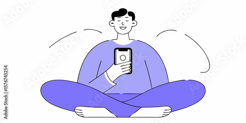 Person meditating with a smartphone in a relaxed pose, a design ideal for wellness app graphics or branding elements.
