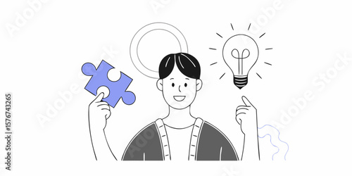 Conceptual man finds solutions with a lightbulb idea, perfect for representing business strategy, problem-solving, and innovative thinking.