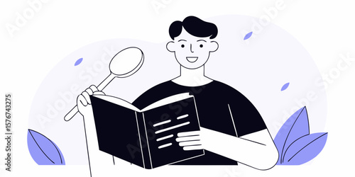 Smiling person reading a cookbook and holding a spoon depicts culinary interest and enjoyment of cooking, perfect for food-related designs.