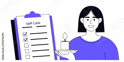 Woman practices self care with a checklist and candle, a simple design element suited for wellbeing and mental health applications.