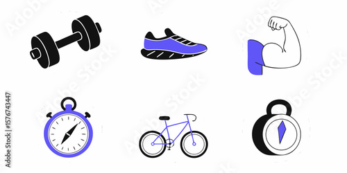 Fitness lifestyle elements showcase athletic activities and exercise tools, perfect for sports and healthy habits projects.