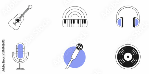 Musical instruments design displays guitar, keyboard, headphones, microphone and vinyl record symbols for audio themed projects.