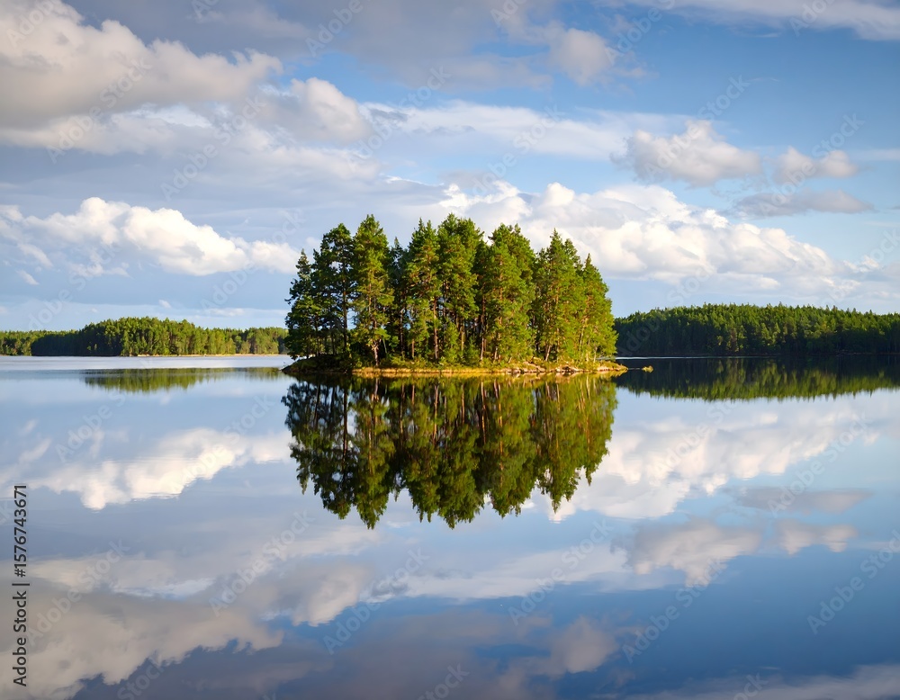 Obraz premium Tree Island on Calm Lake Under Blue Sky