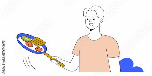 A happy cartoon man flips food in a pan, perfect for culinary themes, restaurant promotional elements, or cooking blog graphics.
