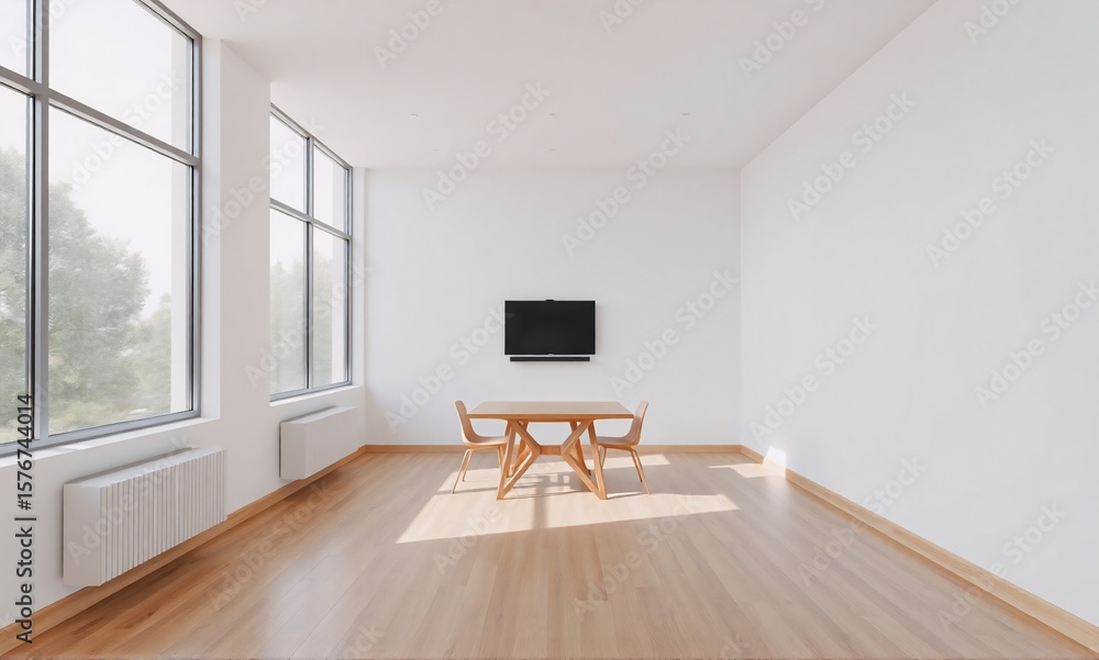 Fototapeta premium Minimalist living space with wooden table, chairs, and TV, large windows letting in natural light.