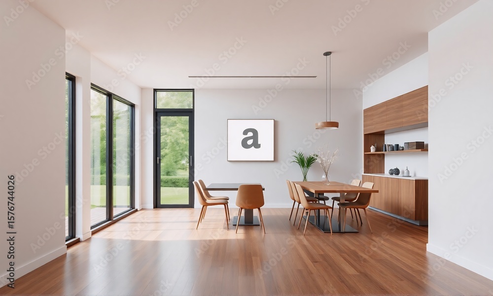 Fototapeta premium Modern dining room with wooden table, chairs, large windows, and minimalist decor.
