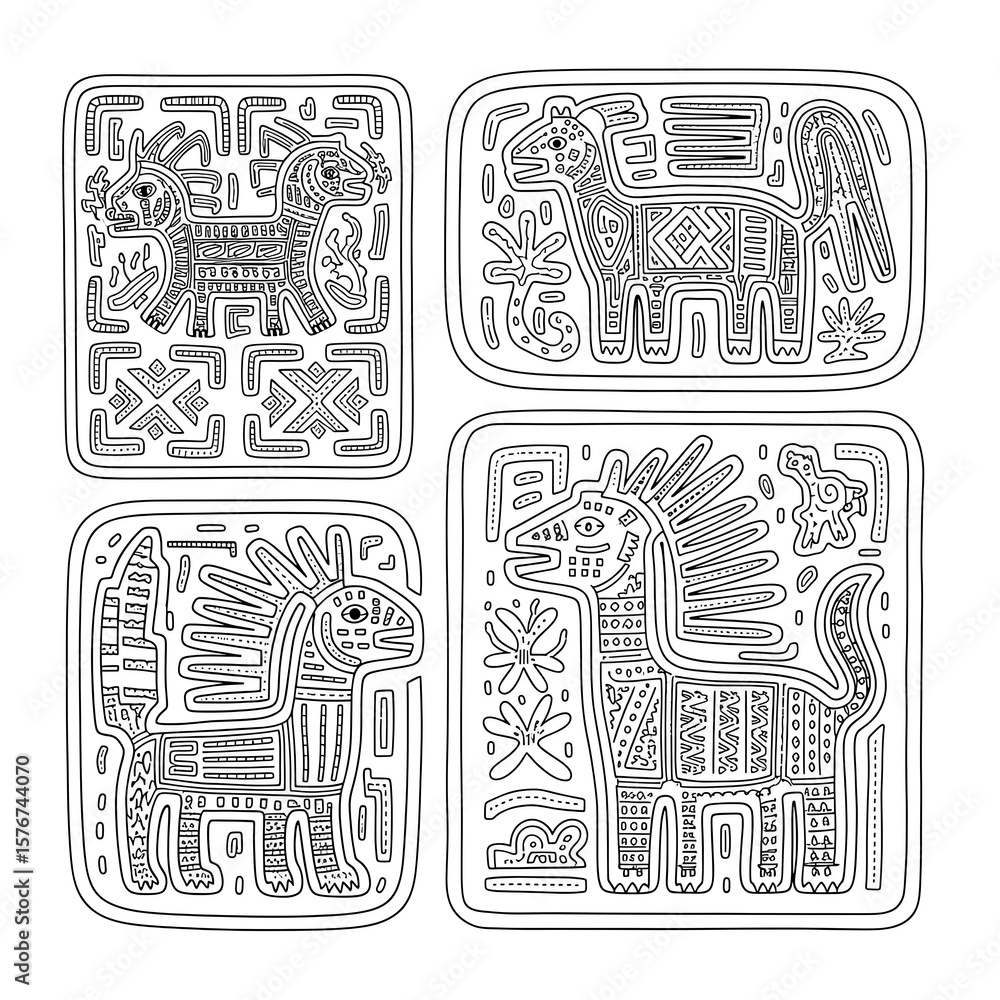 Obraz premium Ornate Peacock and Sugarcane: Line Art Illustration, Serene Tropical Design, Coloring Page.