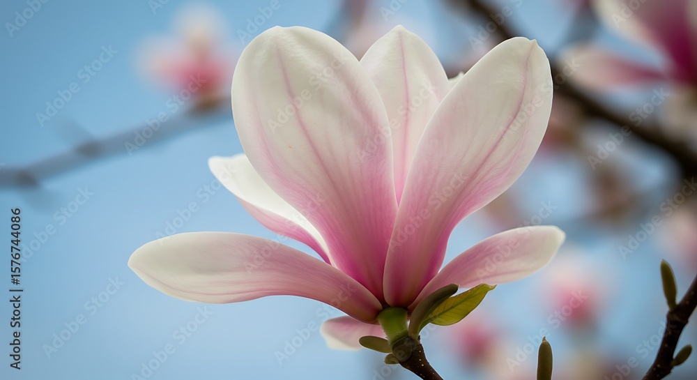 Fototapeta premium Delicate Pink Magnolia Blossom Against a Soft Blue Sky Background